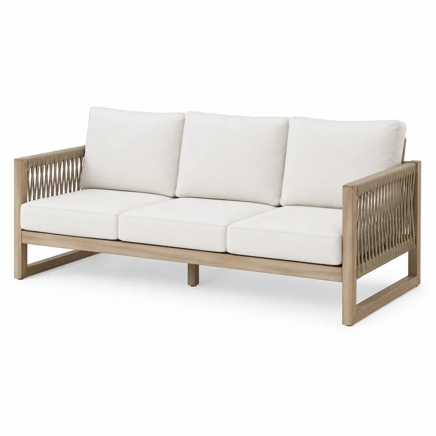 Sofá de exterior de madera y cuerda de tres plazas beige