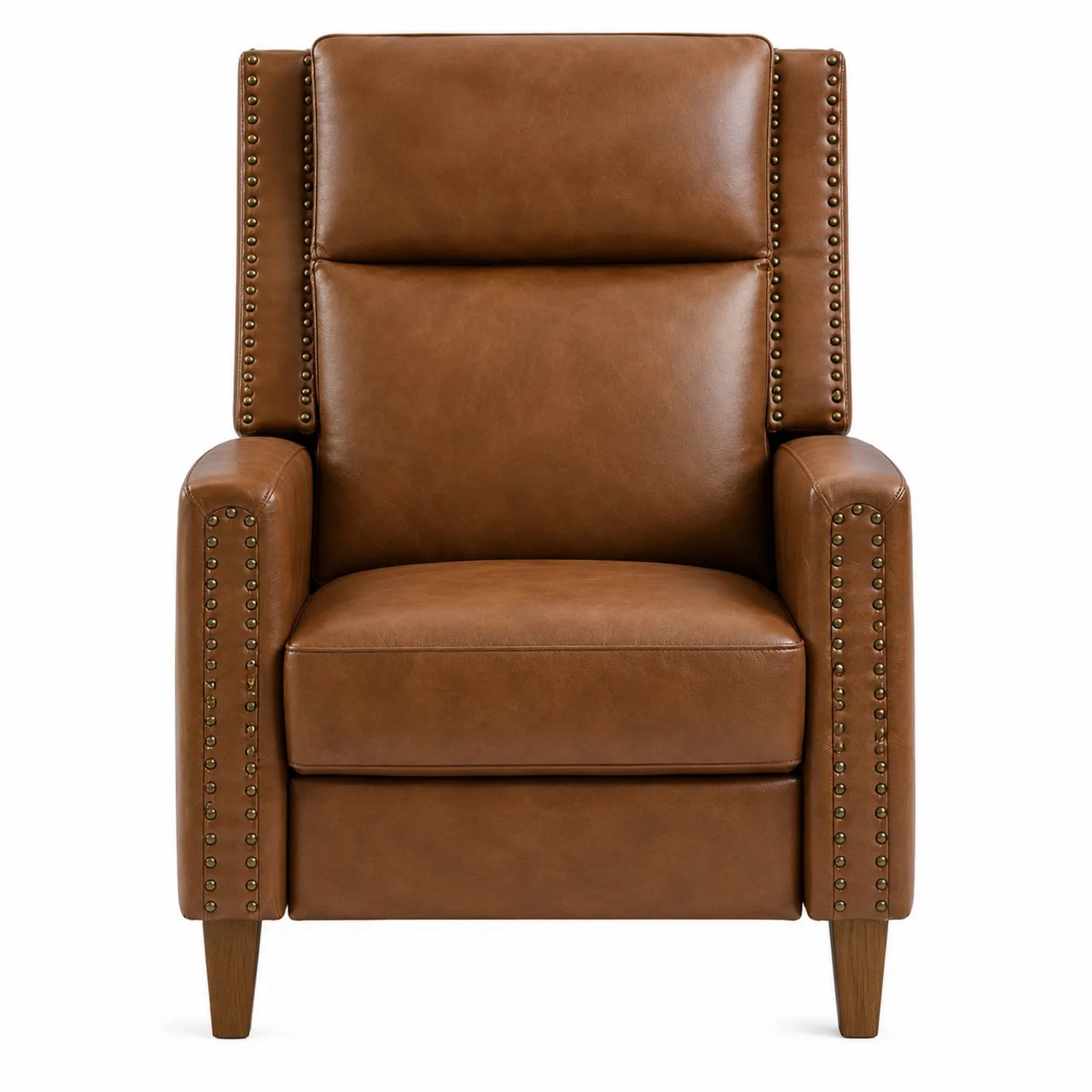 Sillón reclinable de cuero sintético marrón con tachuelas y patas de madera