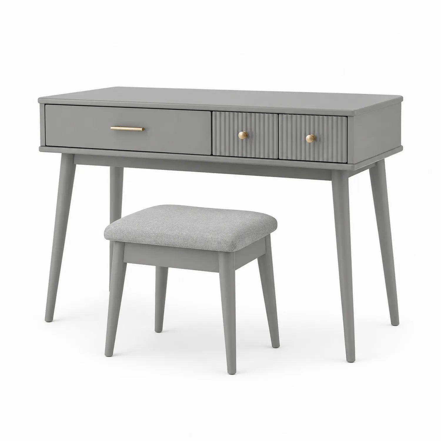 Tocador de madera gris con taburete y dos cajones