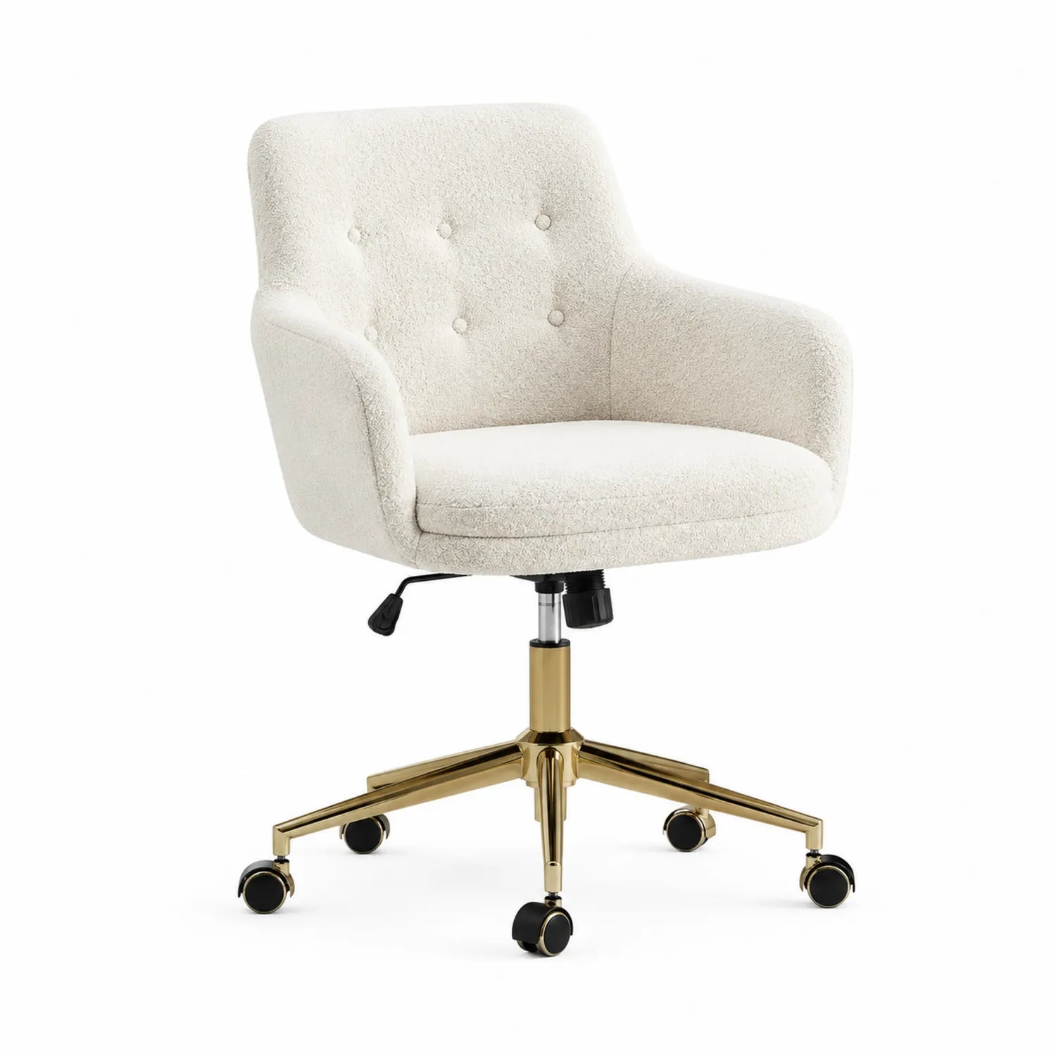 Silla giratoria tapizada en tejido poliéster con base de metal dorado