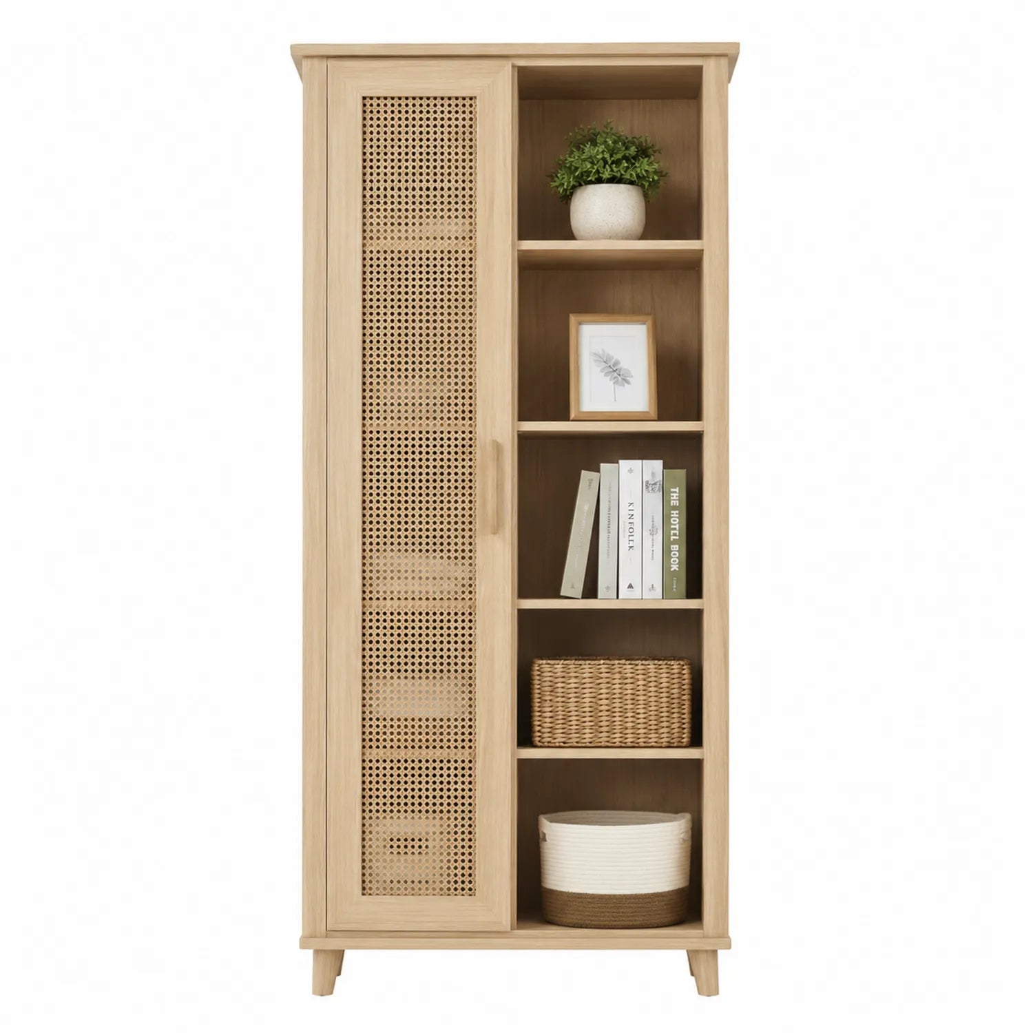Estantería de madera de roble con puerta de ratán natural 180cm