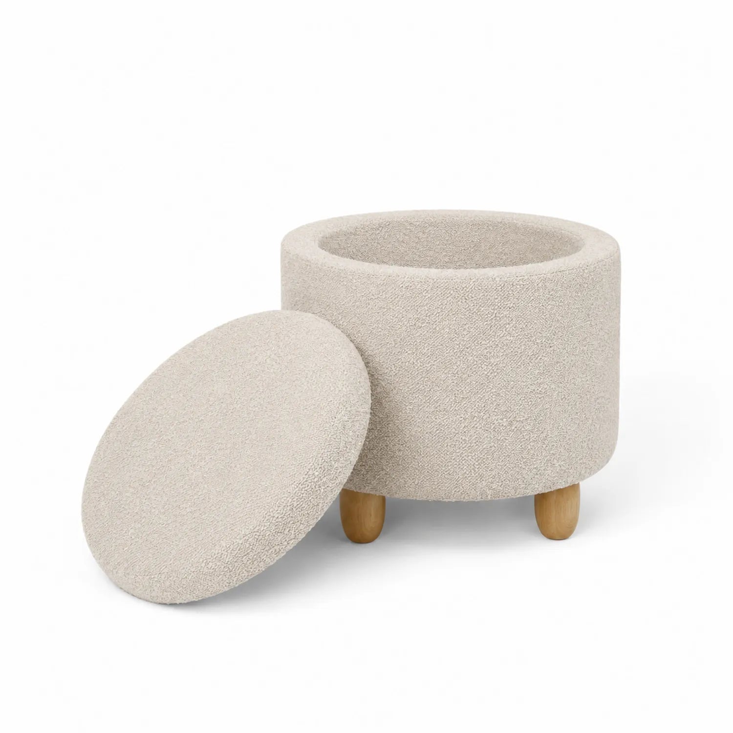 Puff redondo con almacenamiento tapizado en poliéster beige