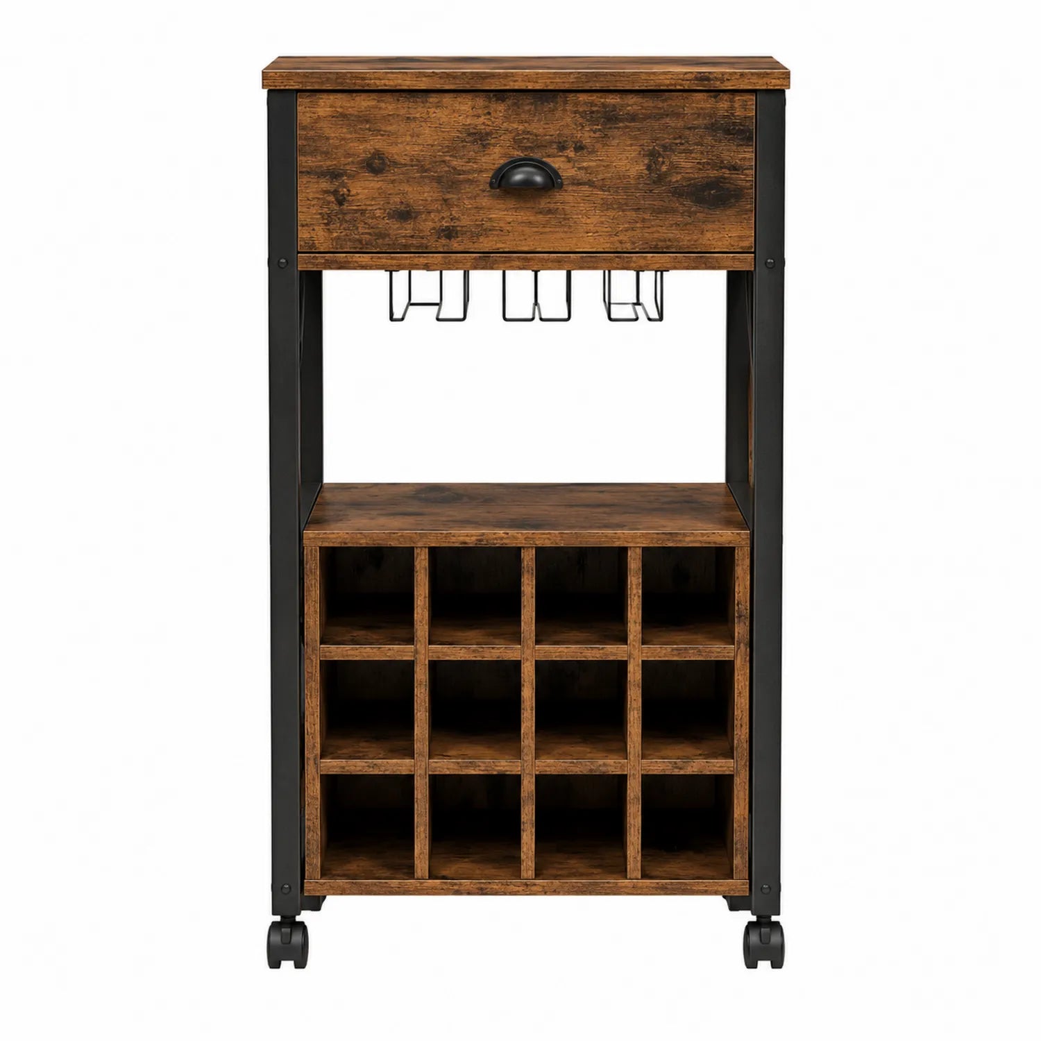 Carrito de bar de madera y metal con porta copas y estantería para botellas