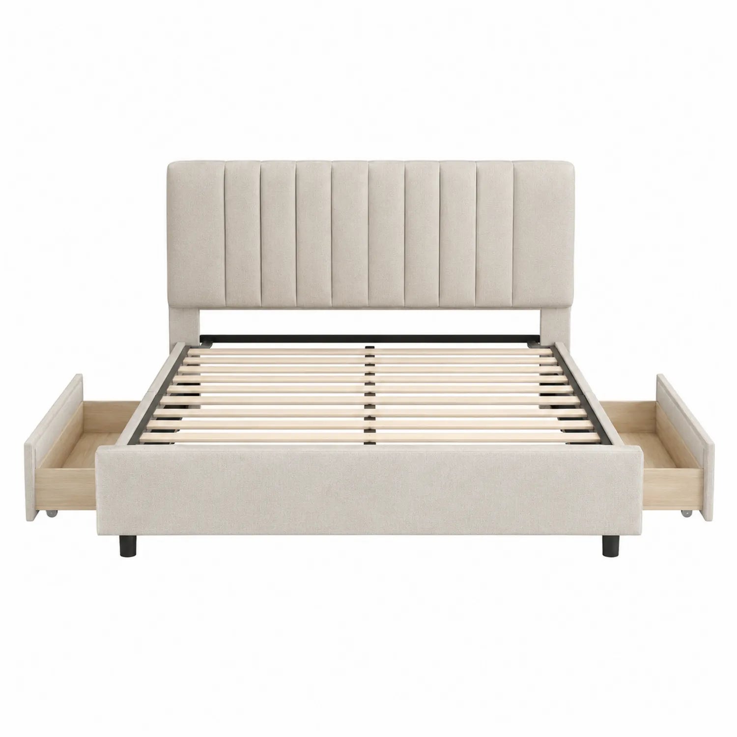Cama doble con almacenamiento tapizada en poliéster beige 200x160 cm