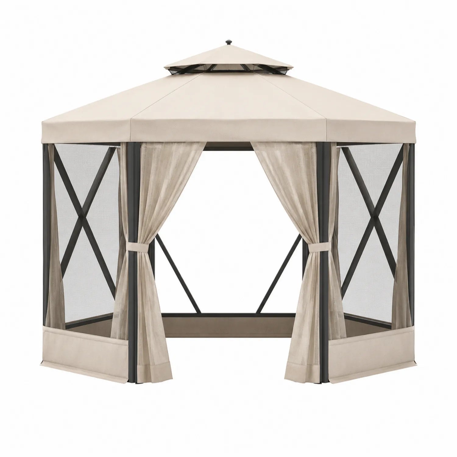 Pérgola hexagonal de acero y poliéster beige 350x300x270 cm