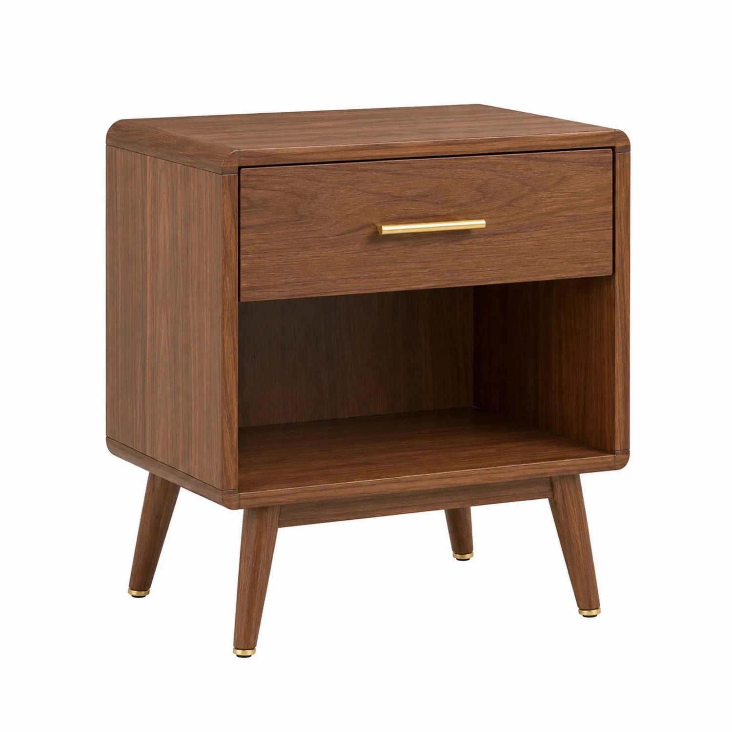 Mesita de noche de madera con cajón y estante marrón