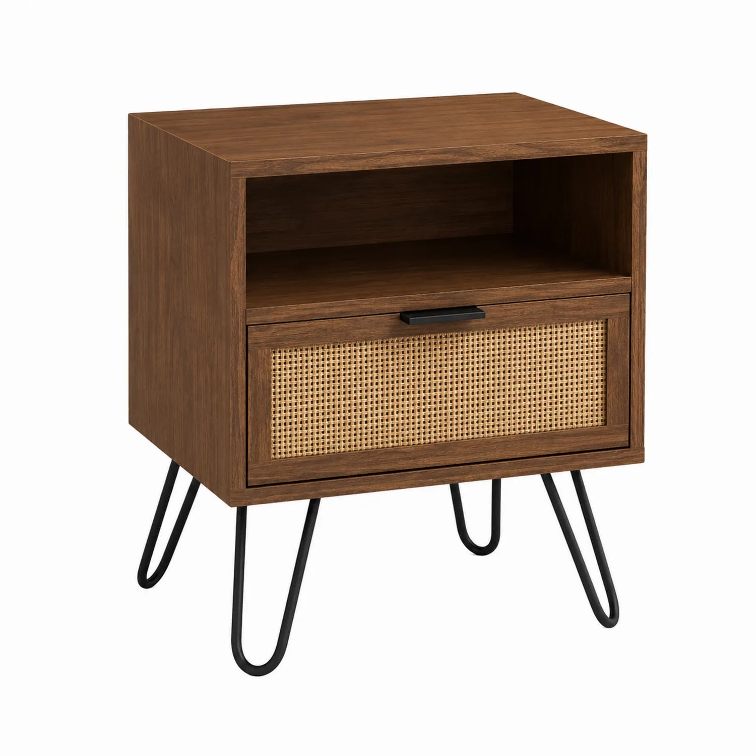 Mesita de noche de madera con cajón de mimbre y patas de metal 40x30x55 cm Marrón
