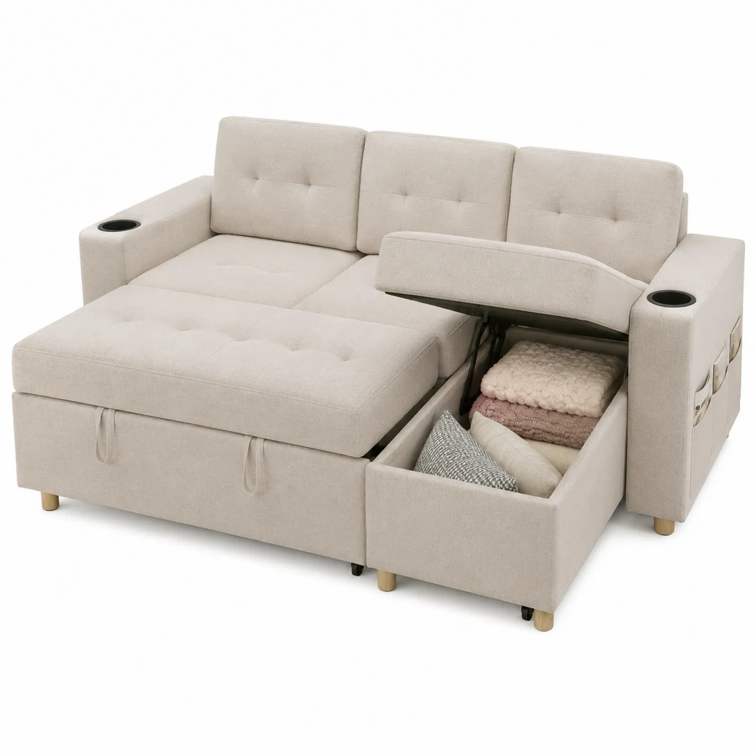 Sofá cama esquinero de poliéster beige con almacenamiento y portavasos
