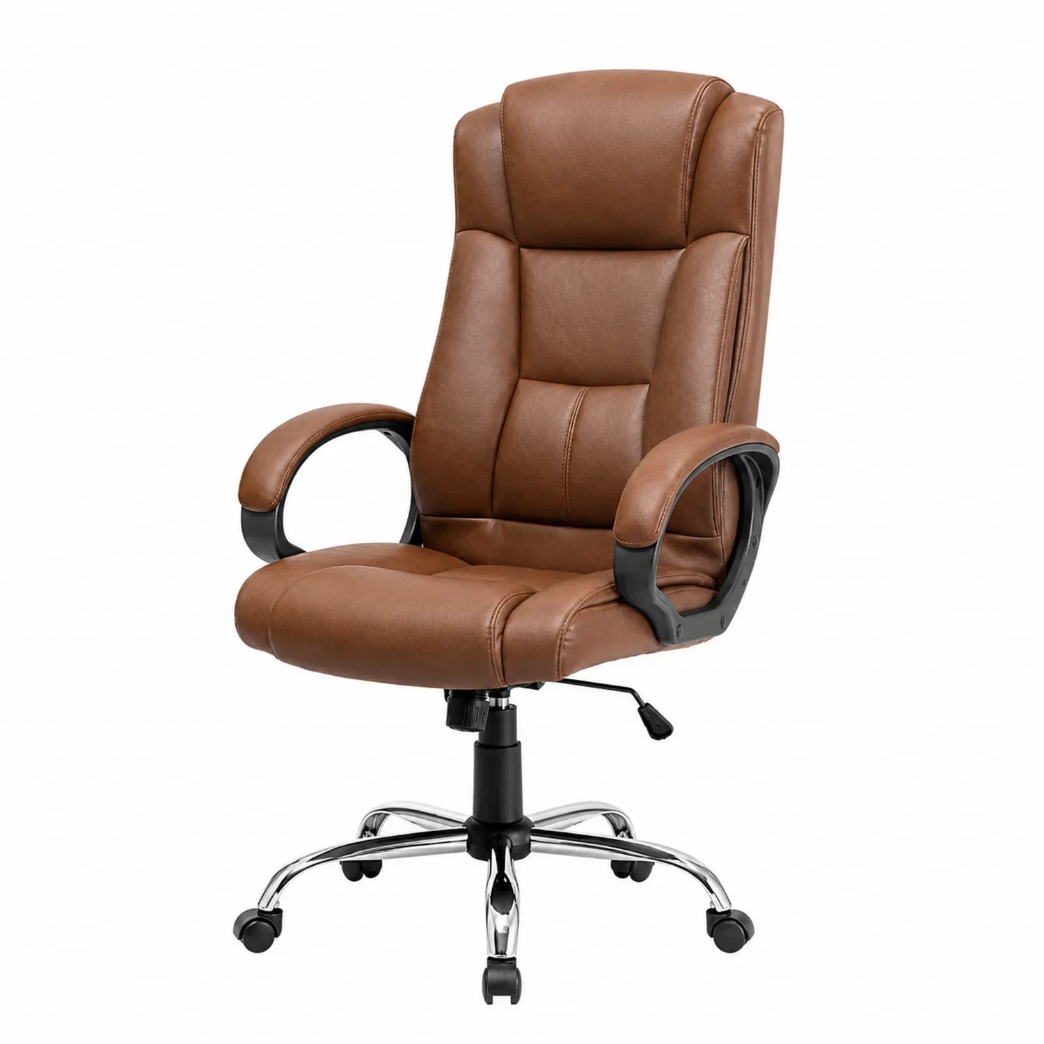 Silla de oficina de cuero sintético marrón con base cromada