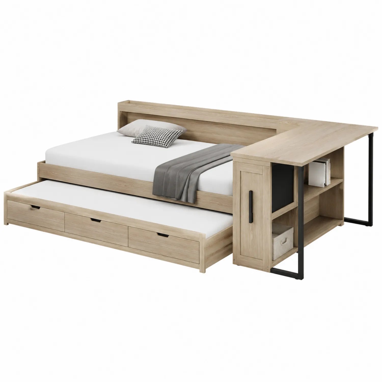 Cama nido de MDF y metal con escritorio y almacenamiento en roble 200x90 cm
