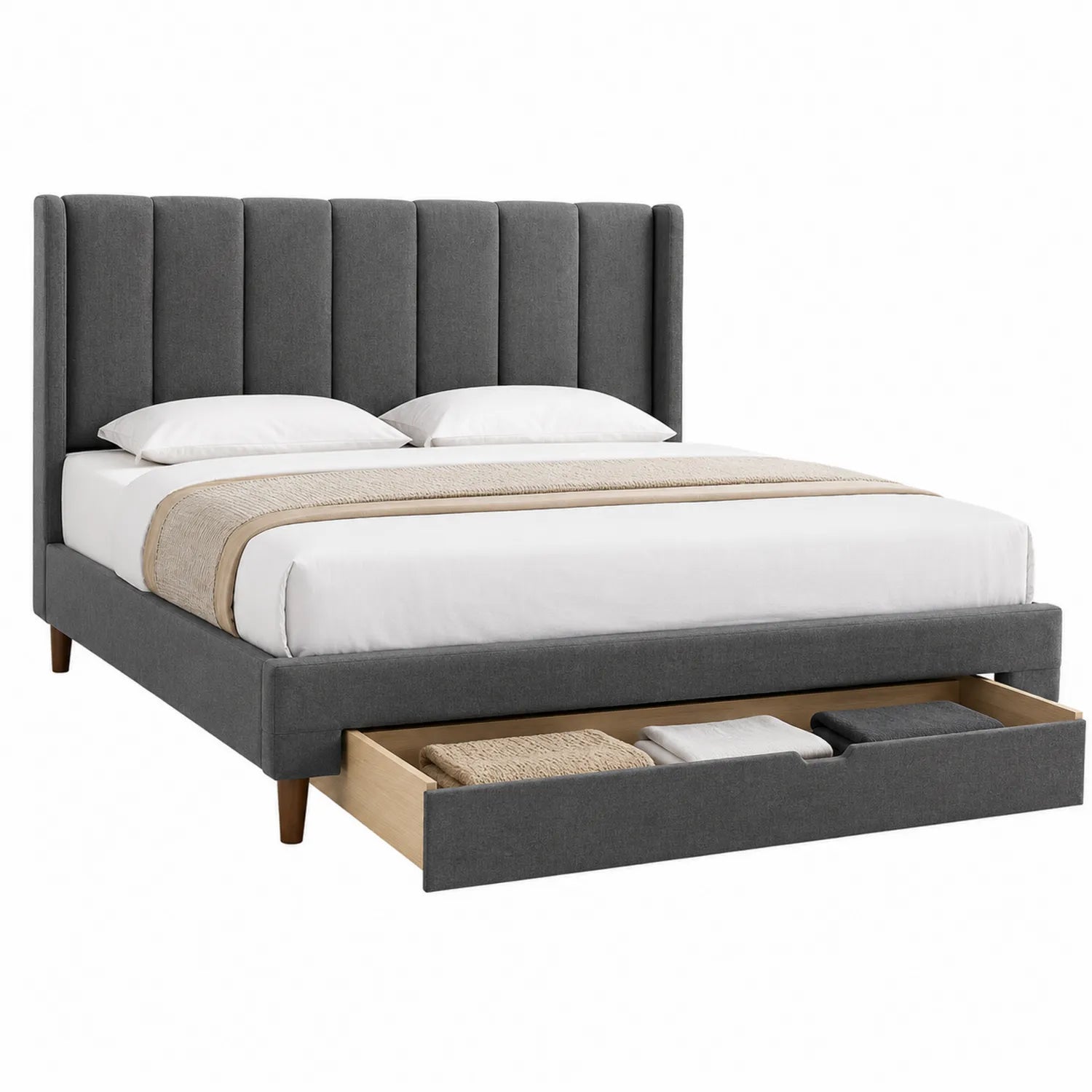 Cama de tela gris con cabecero y almacenamiento 200x160 cm