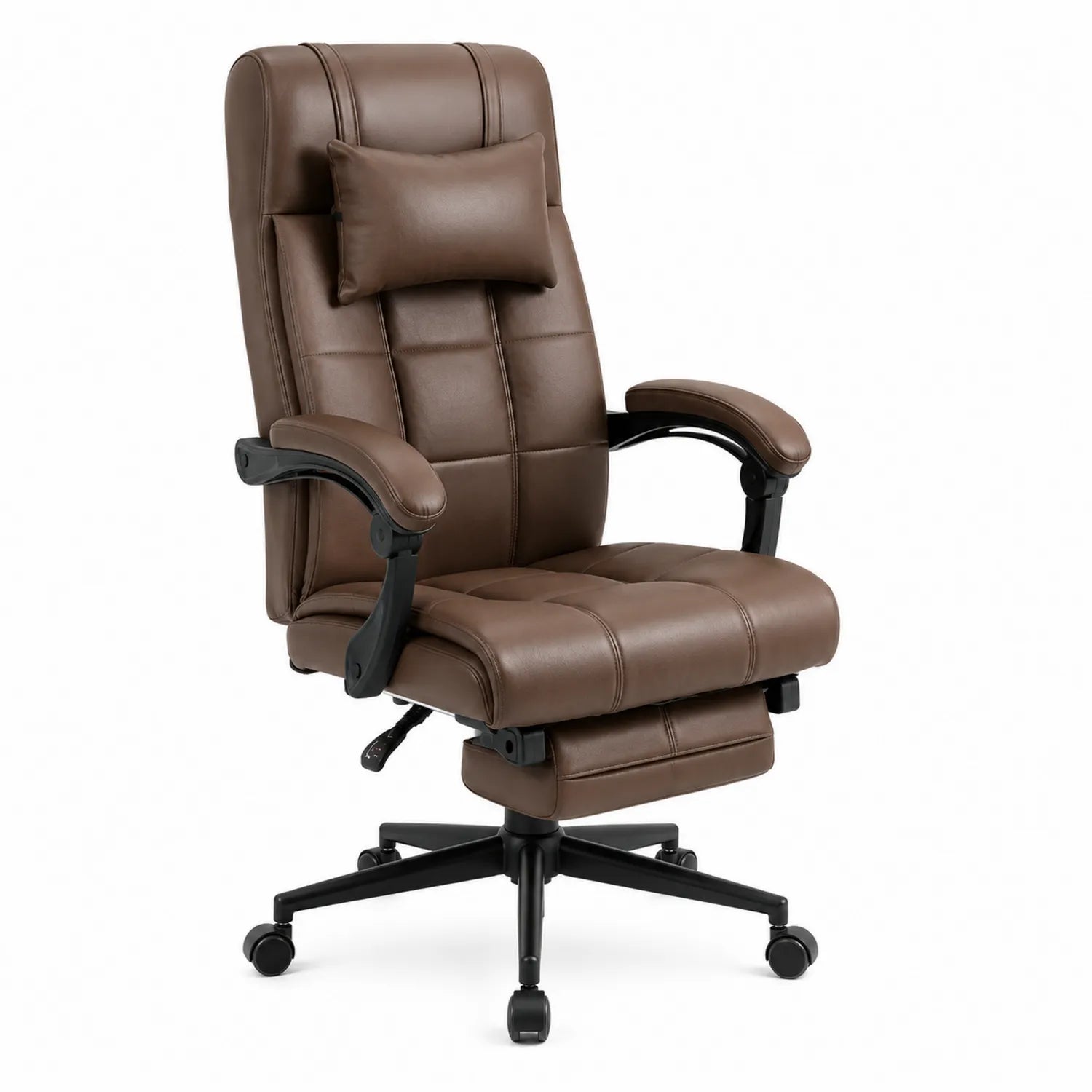 Silla de oficina de piel sintética marrón con reposapiés retráctil