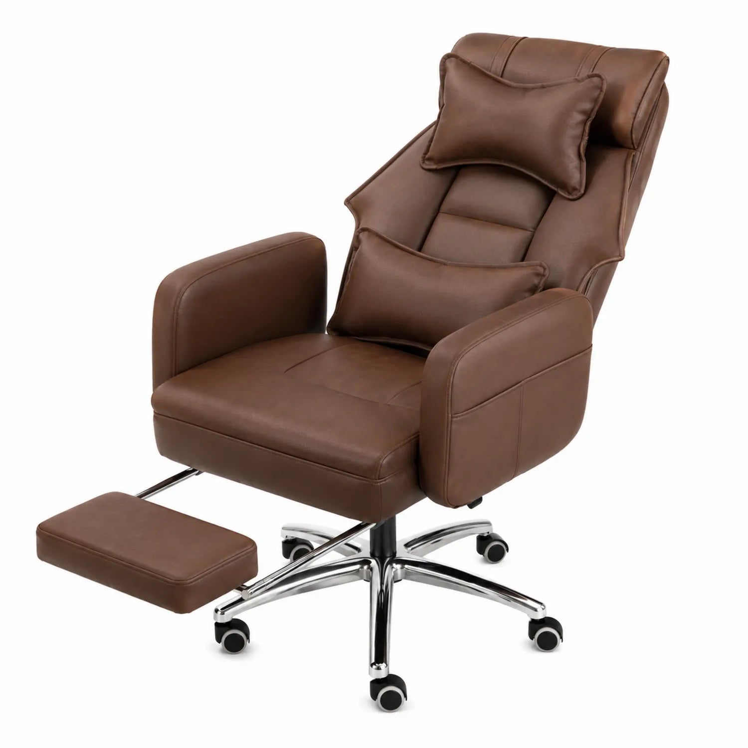 Silla de oficina de piel sintética marrón con reposapiés y base giratoria