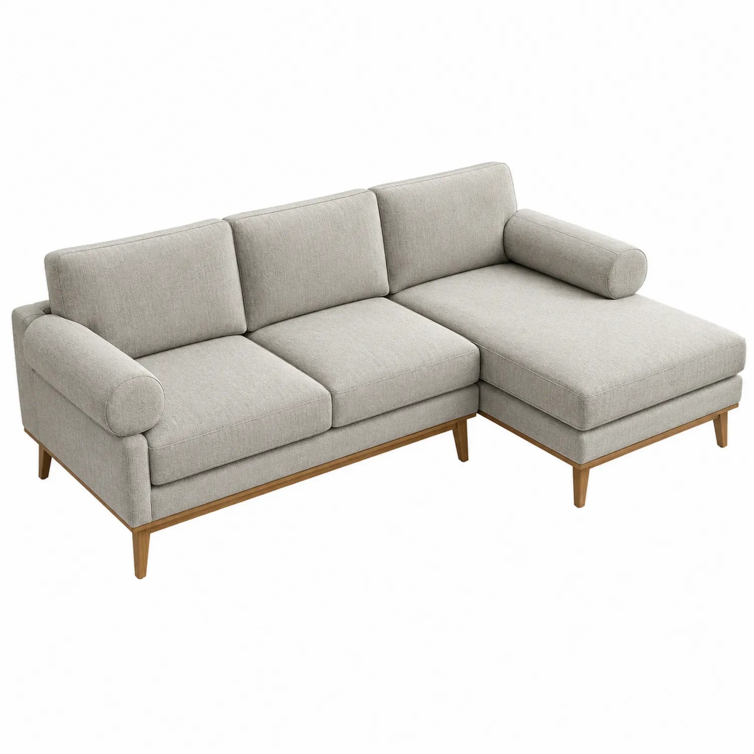 Sofá seccional de poliéster gris con chaise longue y patas de madera de haya