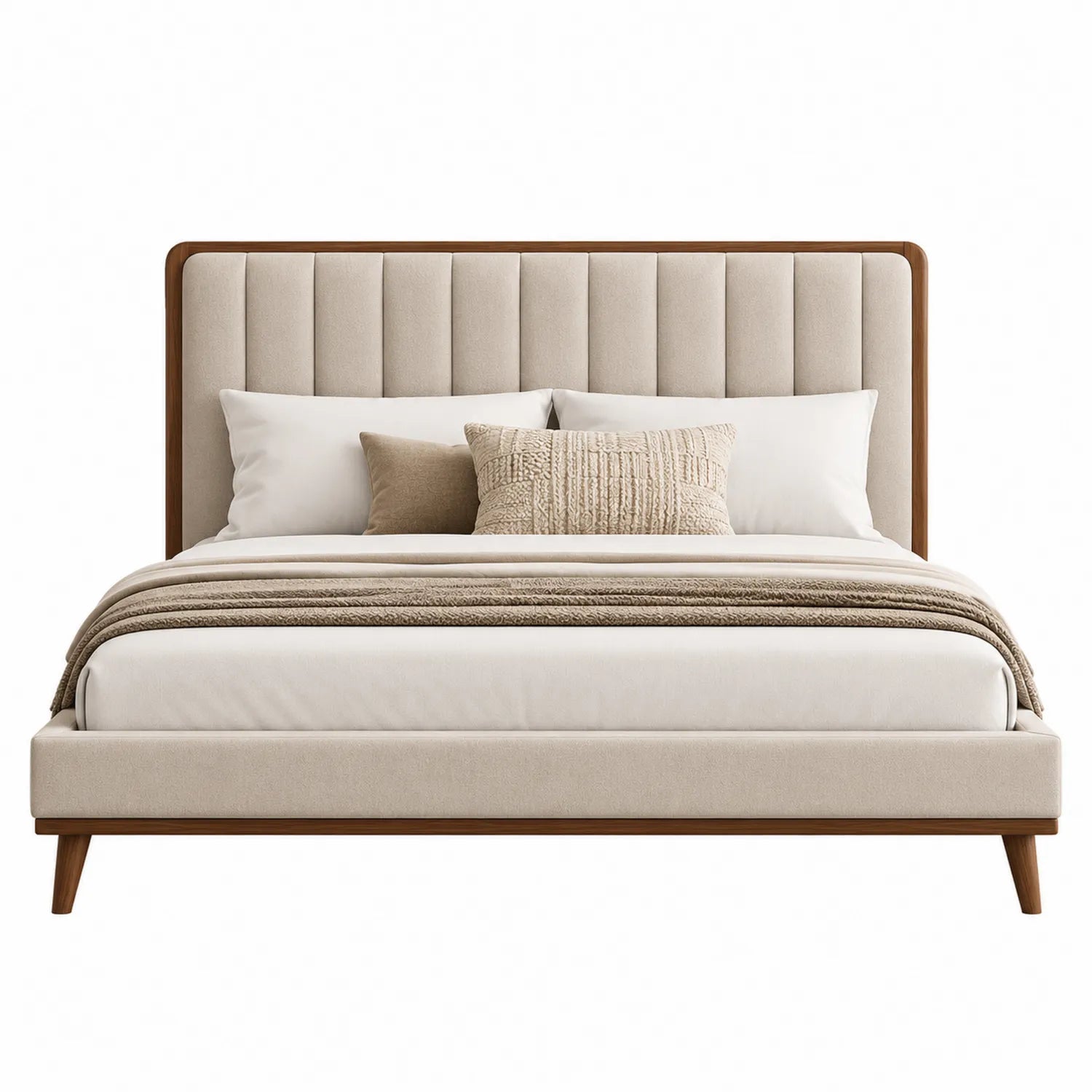 Cama tapizada de tela beige con marco de madera 200x150 cm