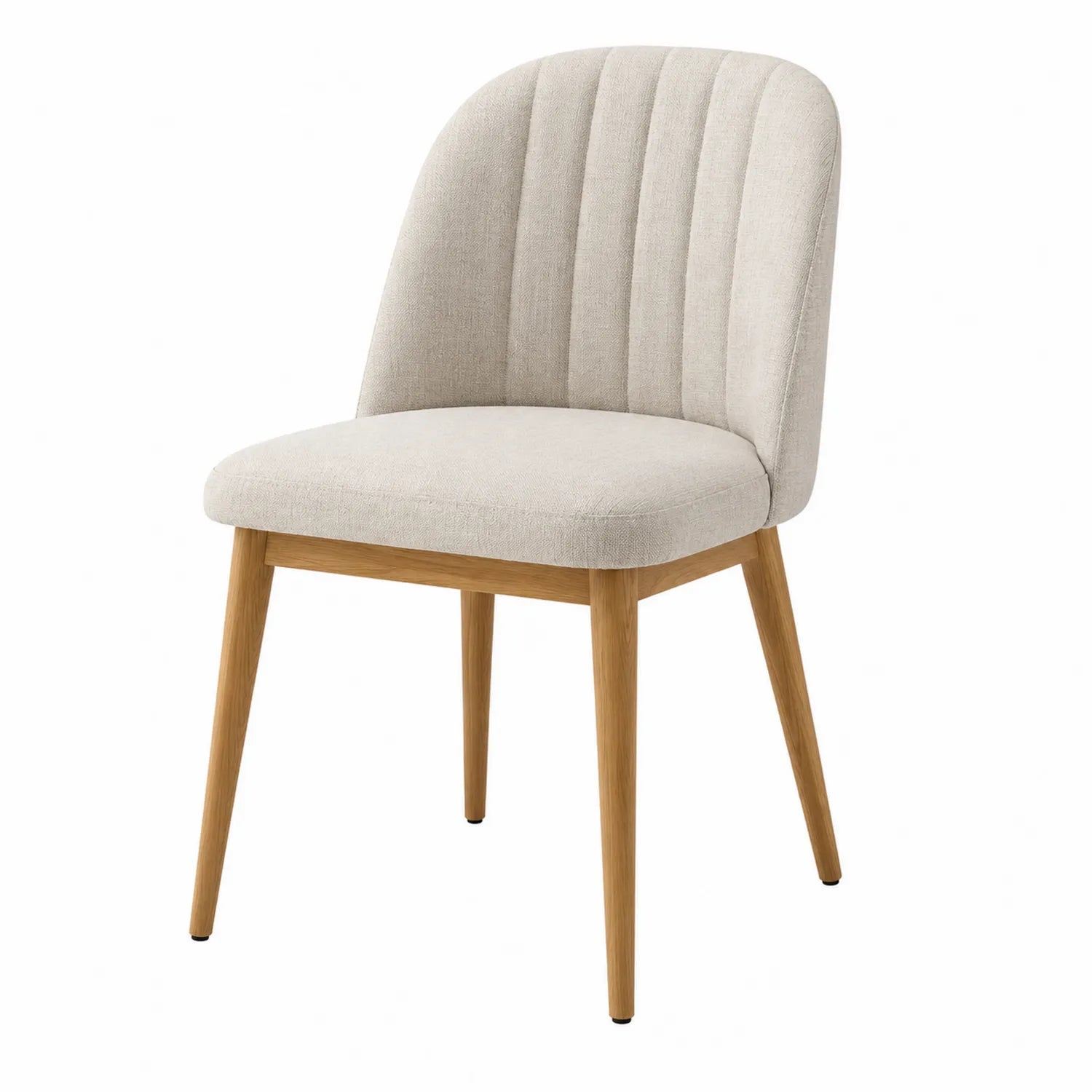 Silla de comedor tapizada en lino beige con patas de madera