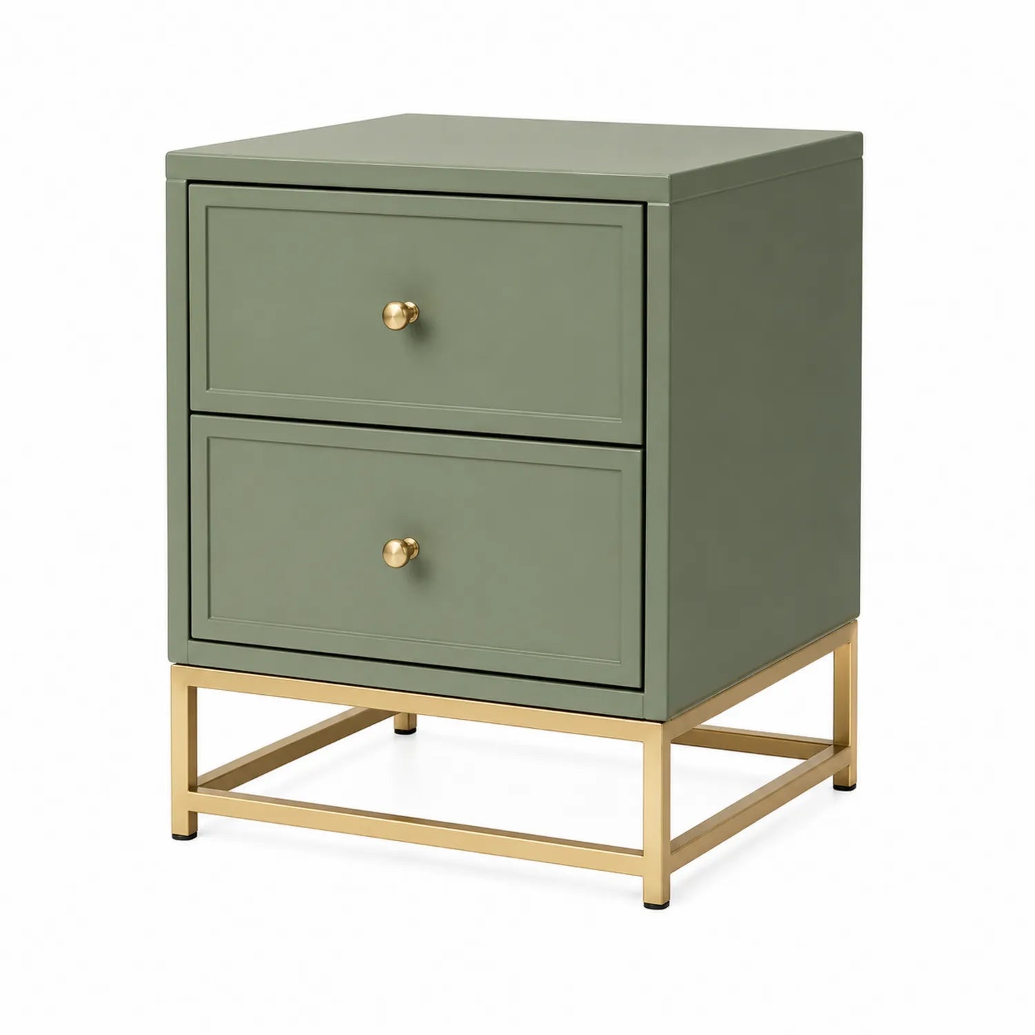 Mesita de noche de metal y madera verde con estructura dorado