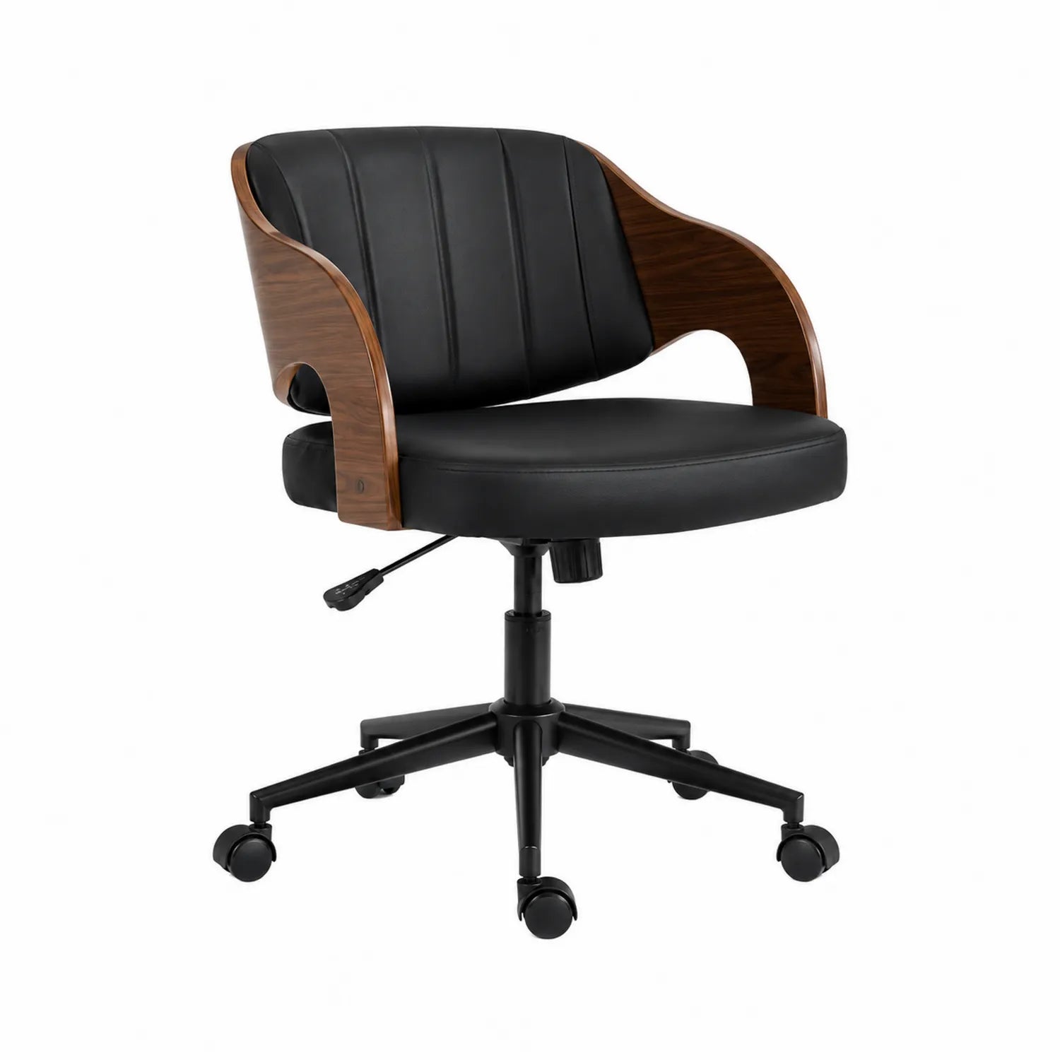 Silla de oficina giratoria de piel sintética negra y madera chapada